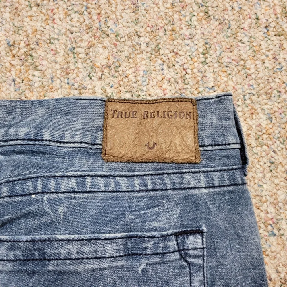 True Religion Rocco Jeans Mens 40 Blue Distressed Marbled Relaxed Skinny Fit
